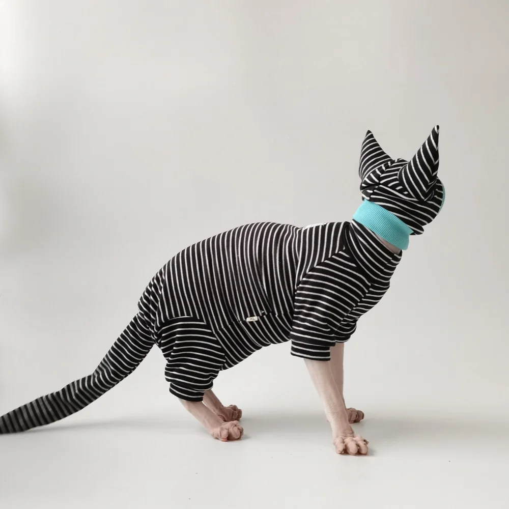 Camisa de rayas de cuatro patas Sombrero Cubierta de cola Traje para Sphynx Cat Sudadera negra de primavera para gatitos Disfraces de otoño cálidos sin pelo - imagen 2