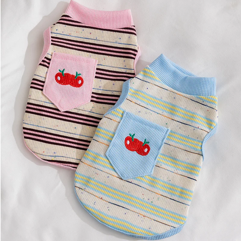 Camiseta sin mangas a rayas con bordado de cereza para mascotas, camiseta sin mangas fina de primavera para mascotas, Top para gato de Teddy York, ropa para cachorros, chalecos refrescantes