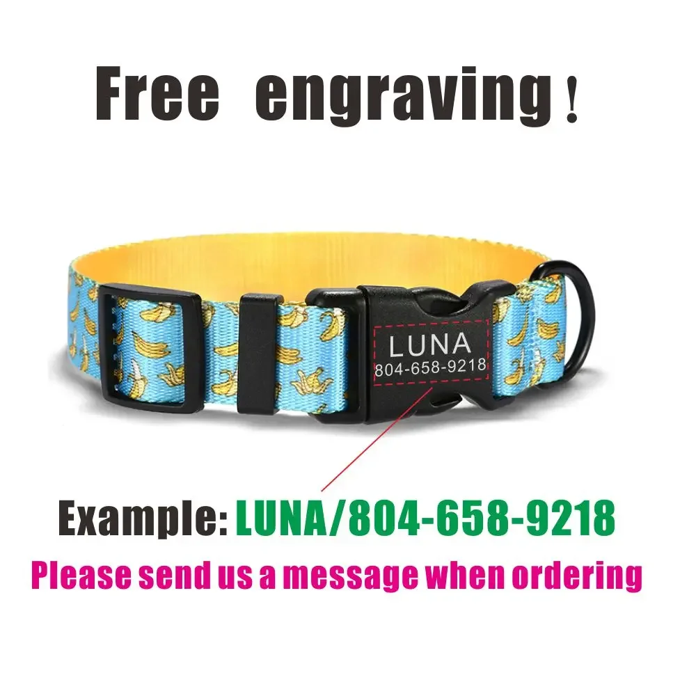 Collar personalizado para mascotas, correa de plomo, placa de identificación, ajustable, plátano azul, fibra suave, gato y perro - imagen 5