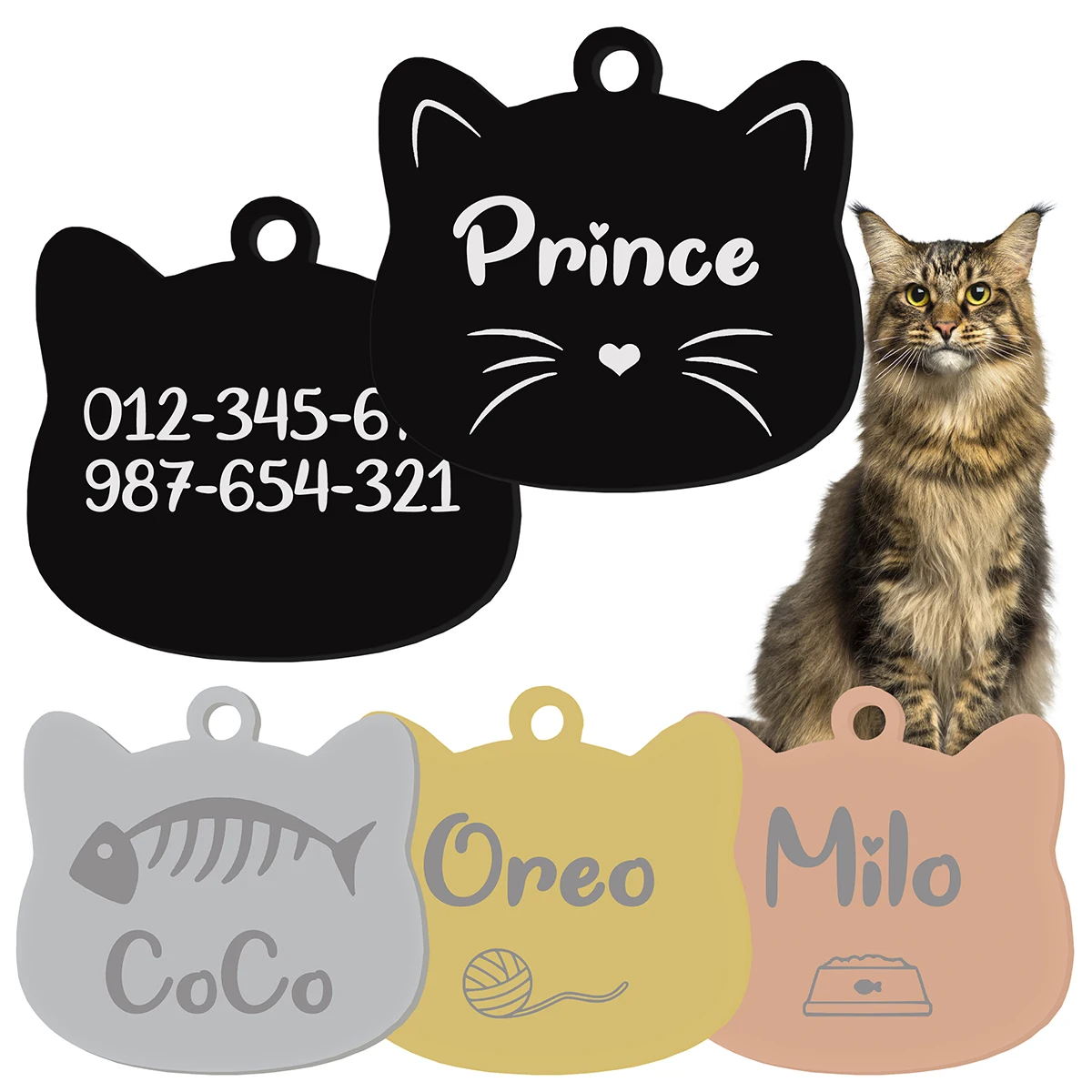  Etiqueta de nombre de gato de acero inoxidable, identificación personalizada, colgante bonito para mascota, llavero grabado, accesorios, placa de identificación personalizada