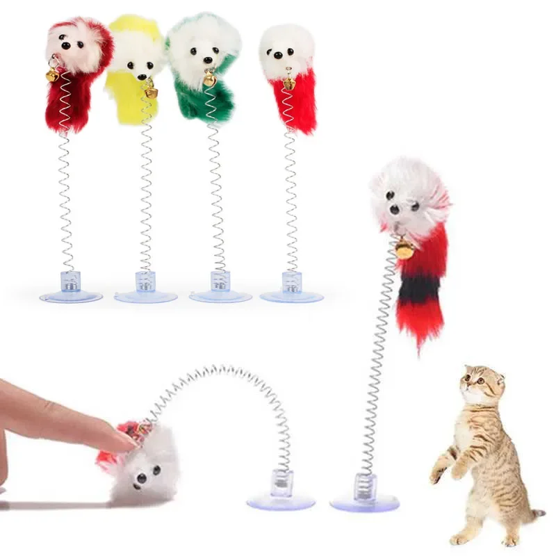 Juguete con ventosa para gato, ratón de resorte con campana, varilla de plumas de colores, Bola de felpa, juguetes interactivos, suministros para mascotas