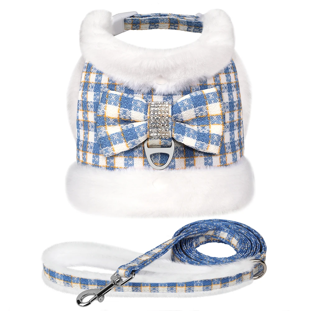 Arnés de perro suave y cálido, conjunto de correas, arneses para perros a cuadros con Cuello de piel extraíble, bonito chaleco con lazo para mascotas, plomo duradero para perros de invierno - imagen 2