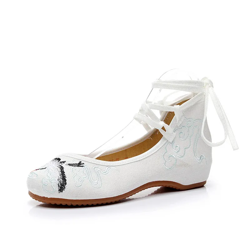 Longevous Crane bordado correa de encaje lona bailarinas hechas a mano Vintage señoras Casual zapatos cómodos blanco