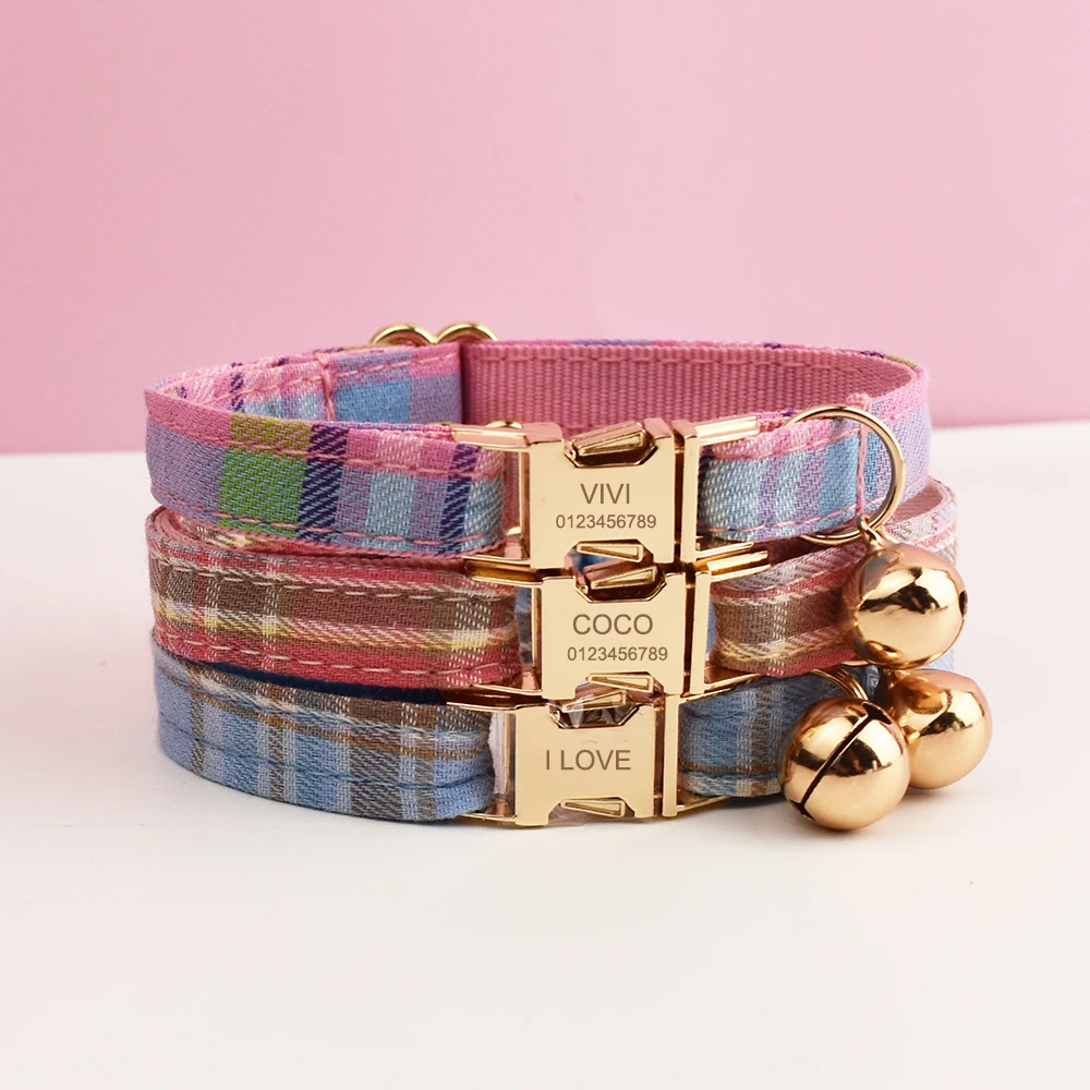 Collar de gato con patrón a cuadros, Collar personalizado de seguridad ajustable con lazo para mascotas, Collar suave con nombre personalizado