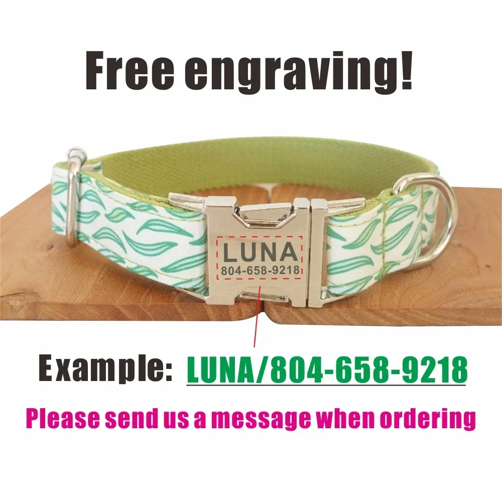 Collar de perro personalizado con grabado gratuito, correa para mascotas a juego, hebilla de Metal de contactos personalizados, Collar para mascotas de hojas verdes - imagen 4