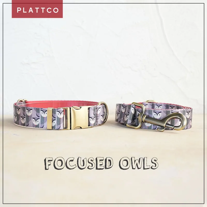 Conjunto collar y correa para perro estampado búhos – Hebilla de bronce