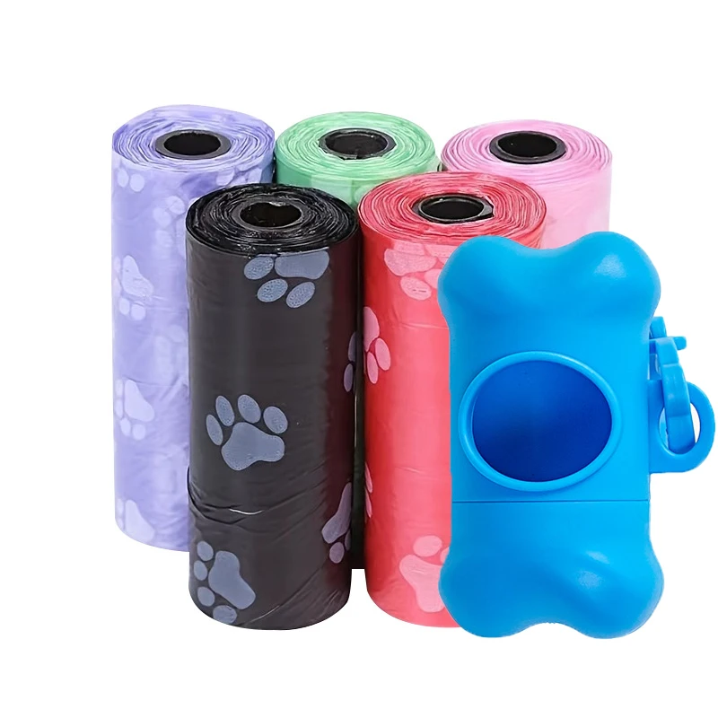 Bolsas para excrementos de mascotas, bolsas desechables para residuos de perros, bolsas para excrementos a granel con clip para correa y dispensador de bolsas para huesos, bolsas de 5 rollos (75 unidades) con impresiones de patas
