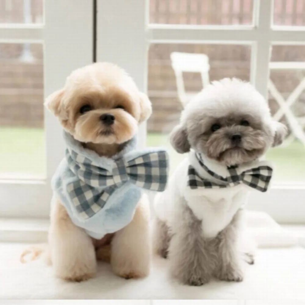 Abrigo a cuadros de felpa para otoño e invierno para mascotas, bufanda bonita de doble cara a juego, conjunto bonito de ropa para perros pequeños - imagen 4