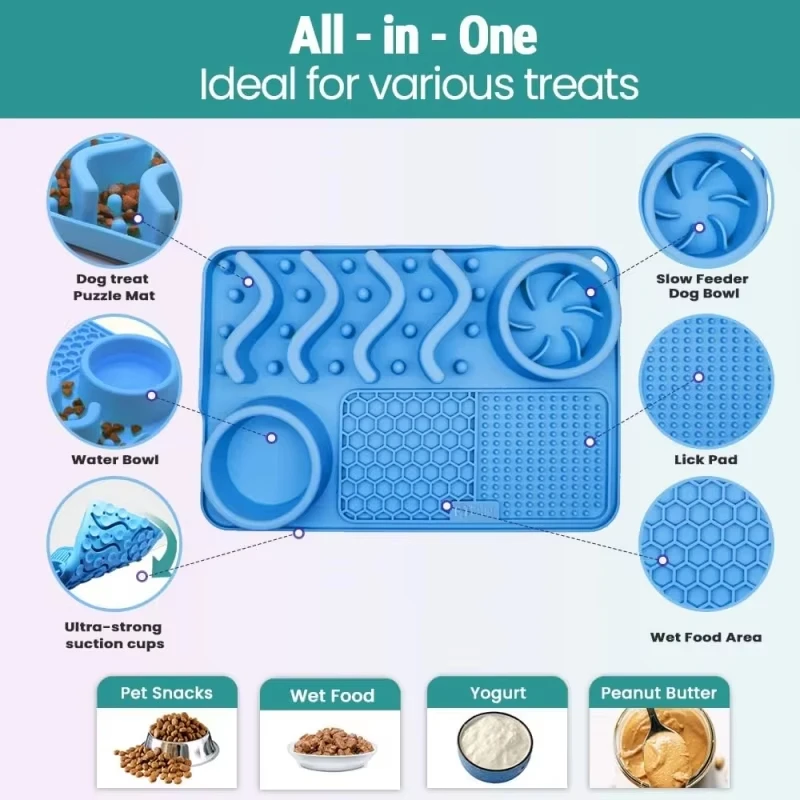 Estera de alimentación lenta para mascotas: silicona no tóxica (turquesa), herramienta mejorada para aliviar la ansiedad y el aburrimiento con cuenco de aluminio, 17x11x2 pulgadas - imagen 2