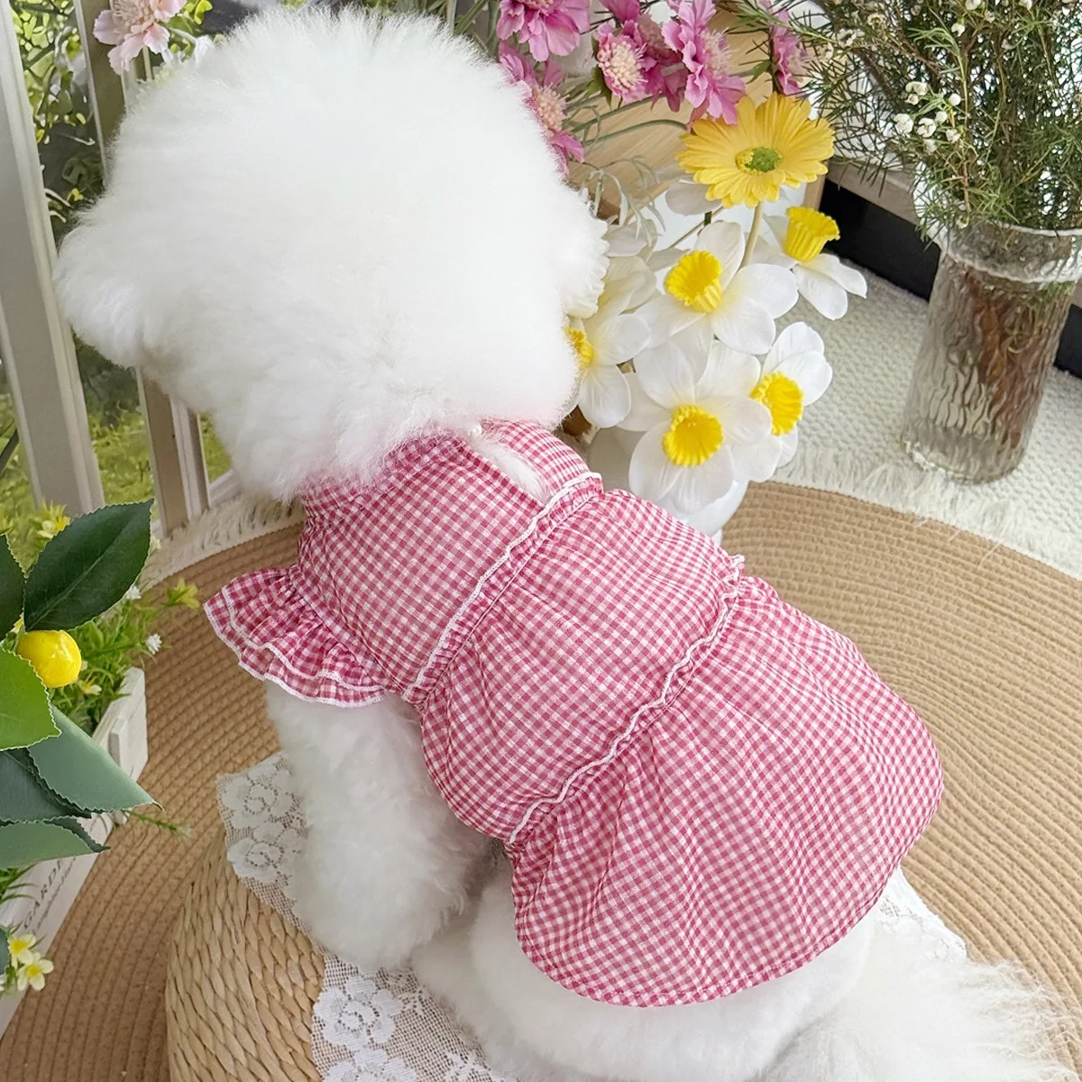 Vestido para perros princesa a cuadros suave – Doble capa mangas volantes - imagen 4