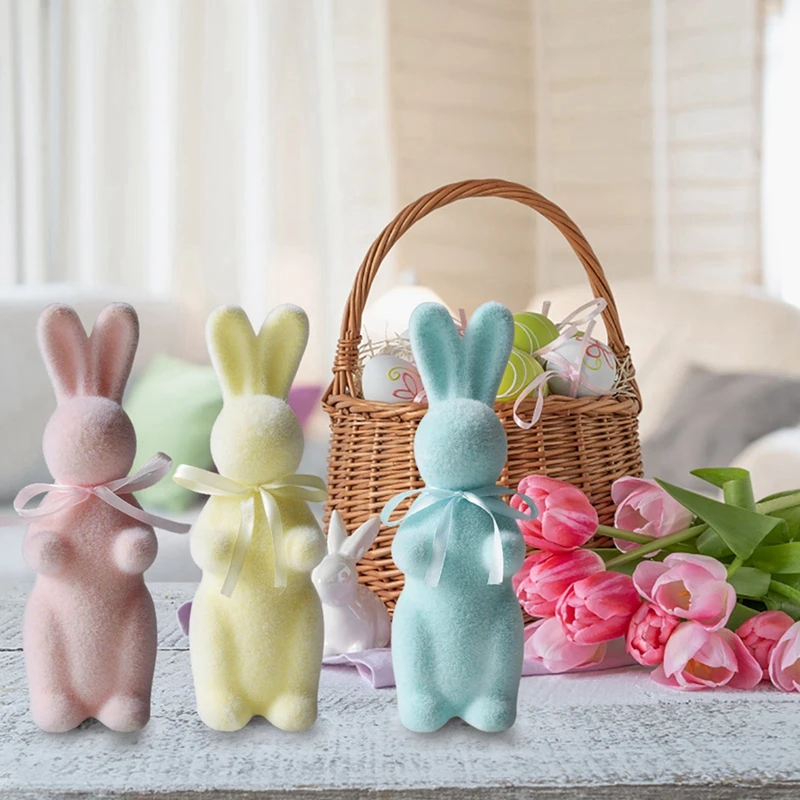 Figurita de conejito de Pascua con pajarita, figuras de conejo de espuma flocadas, adorno de mesa, estatuas de conejito de Color sólido, decoraciones de Pascua, 1 ud. - imagen 3
