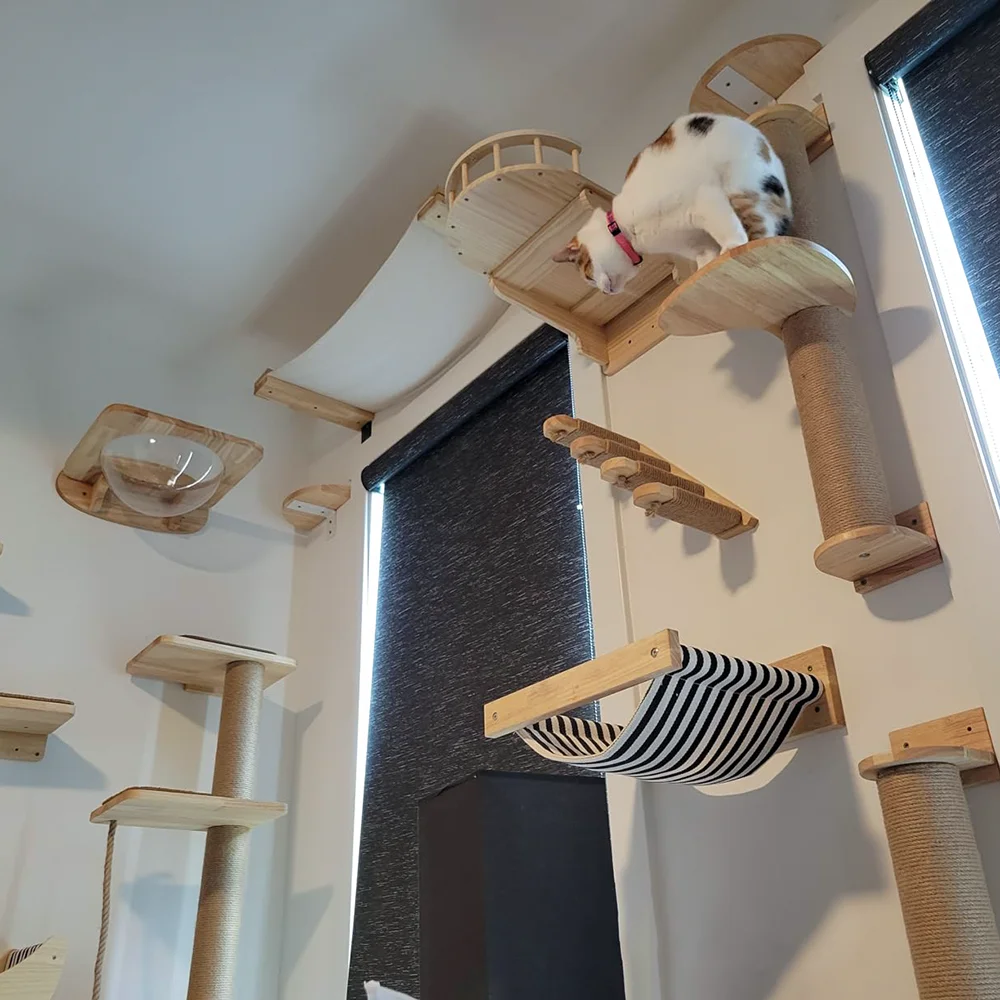 Muebles de madera montados en la pared para gatos, perchas rascadores de Sisal, hamaca interior para gatos y estantes de escalada para rascar y descansar gatos - imagen 4
