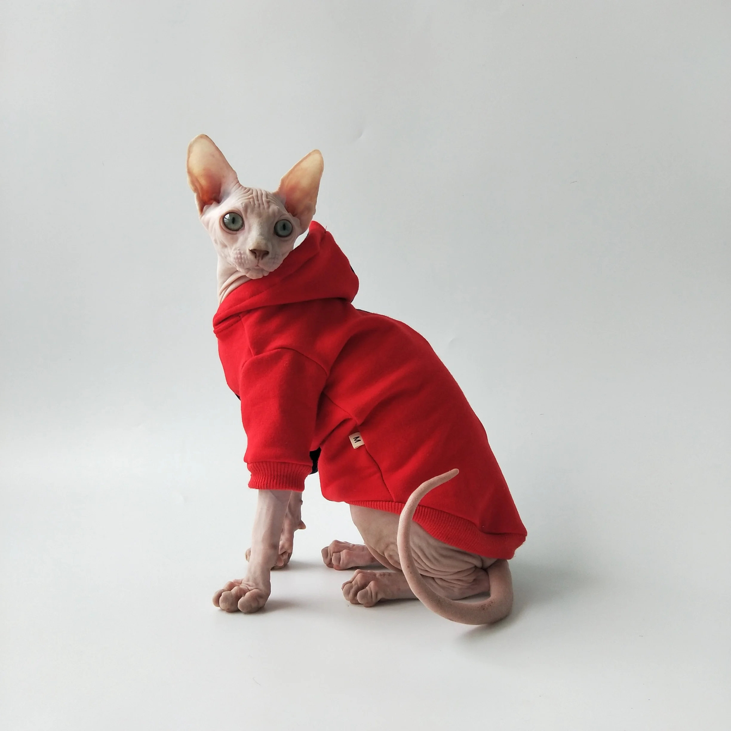 Sudadera con capucha para gatos Sphynx – Forro polar térmico rojo y negro - imagen 4