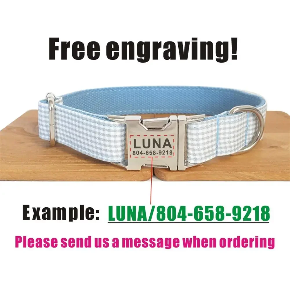 Collar de perro personalizado con grabado gratuito, correa para mascotas a juego, hebilla de Metal de contactos personalizados, Collar de cachorro a cuadros azul y blanco - imagen 4
