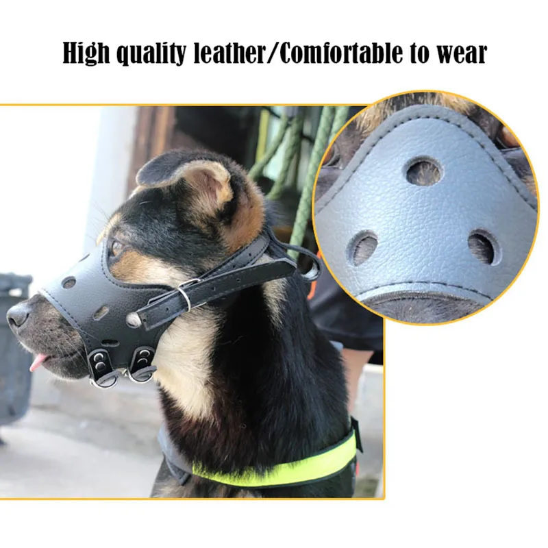 Bozales negros de cuero para perro pastor alemán Doberman, jaula para la boca antimordedura, máscaras de defensa de entrenamiento para perros pequeños/grandes - imagen 5