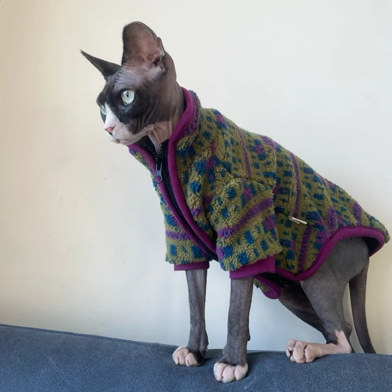 Sphyinx Cat Otoño e invierno Forro polar austriaco Chaqueta verde cálido Cárdigan con cremallera Ropa de gato Abrigo morado grueso para Devon Rex - imagen 4