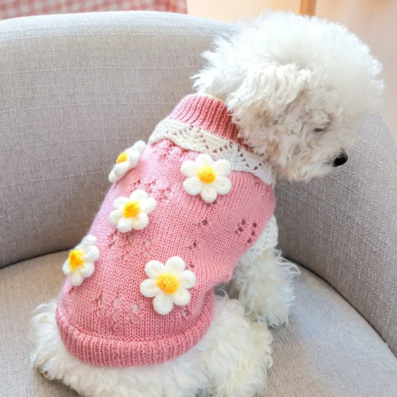 Ropa cálida para perros de otoño e invierno, suéter bonito de punto Floral para perros, ropa suave y acogedora para mascotas para razas pequeñas como pomeranianos y peluche - imagen 2