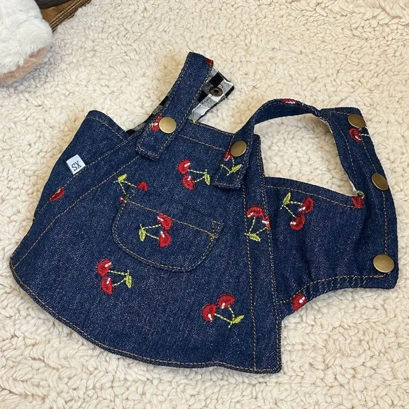 Vestido vaquero azul con Estampado de cereza para perro, falda con tirantes para cachorro, abrigo para perros pequeños, Chihuahua, ropa para mascotas, XS-XL