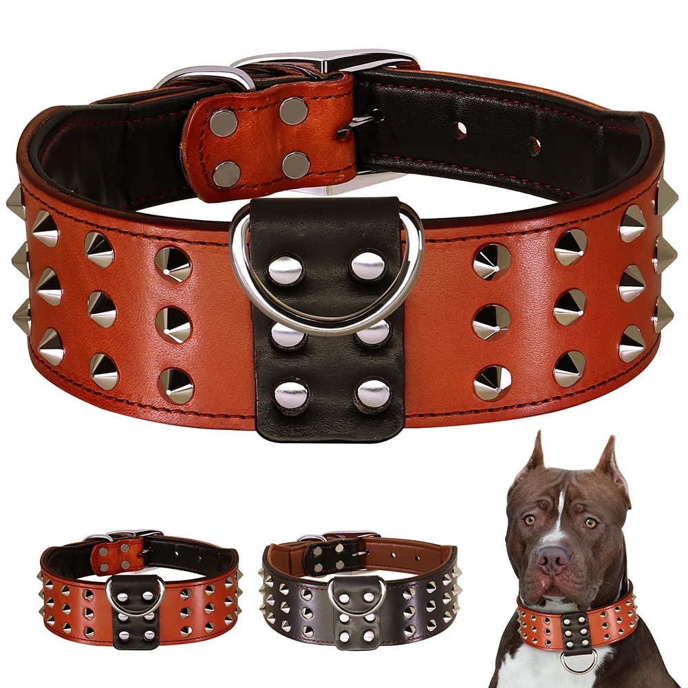 Collar de perro con tachuelas y pinchos, collares de cuero auténtico para perros, collares con remaches para mascotas, ajustables para perros medianos y grandes Pitbull