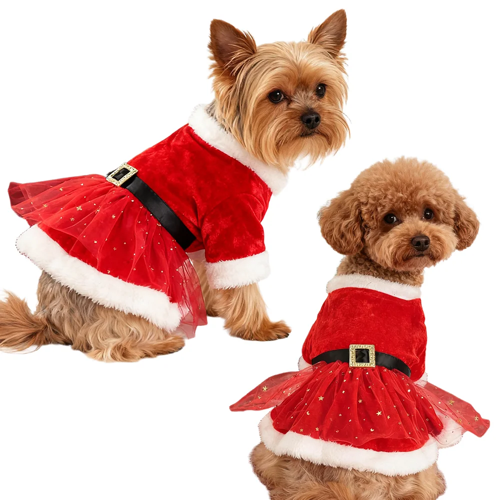 Vestido de Navidad con cinturón de Papá Noel, falda de Papá Noel, vestido para perros femeninos, traje de Navidad de terciopelo rojo para mascotas para perros pequeños y niñas - imagen 5