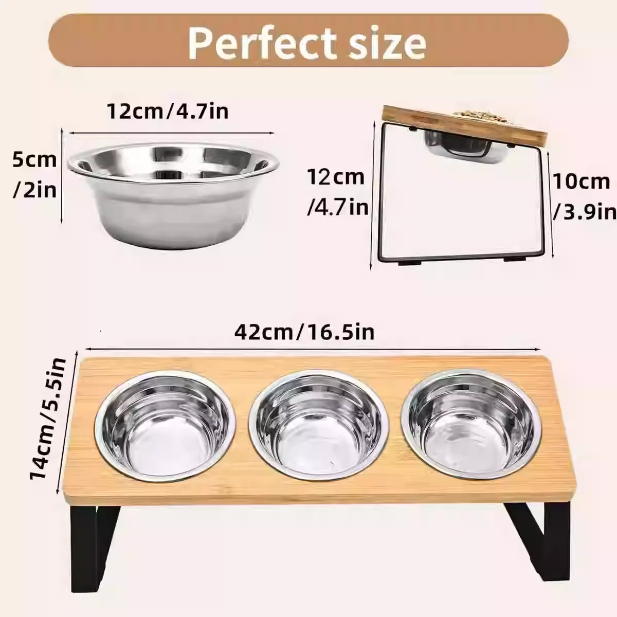 Inclinación 15 °   Cuenco elevado para comida para gatos, 3 cuencos de acero inoxidable, para beber y comer Con soporte de madera Anti-vómitos Adecuado para gatos - imagen 3