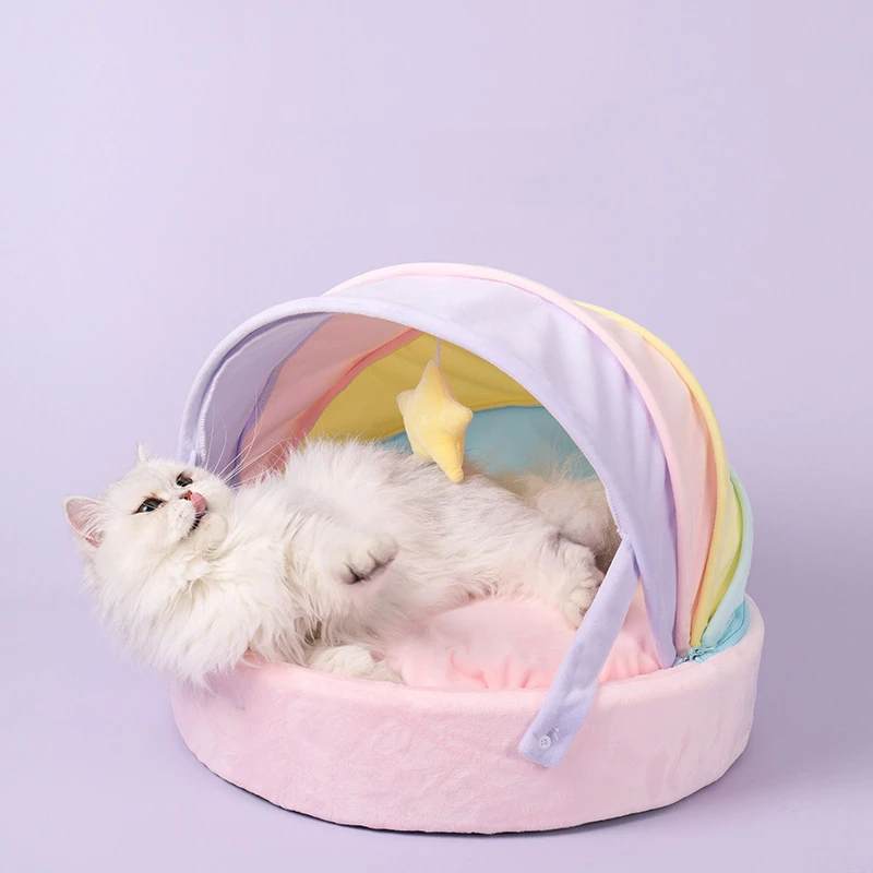 Cama para gatos, bonita cama para gatos, tienda de campaña de arcoíris, almohadilla para dormir para perros, nido para gatos cálido y profundo para invierno, cómoda y transpirable - imagen 4