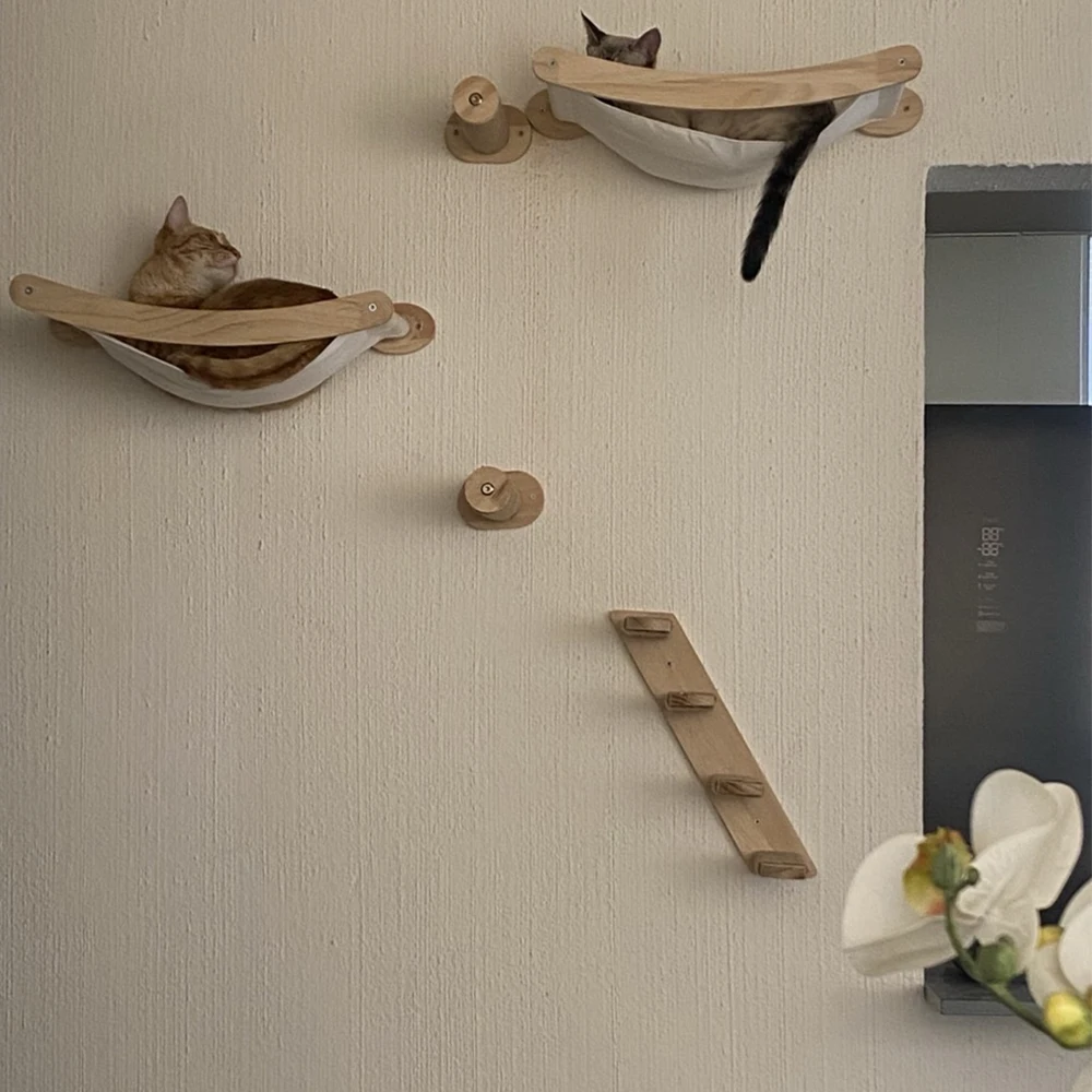 Juego de muebles para gatos montados en la pared, poste para rascar y escalar, hamaca, cama, estantes de escalera de madera, casa interior para gatitos, 1 ud. - imagen 3