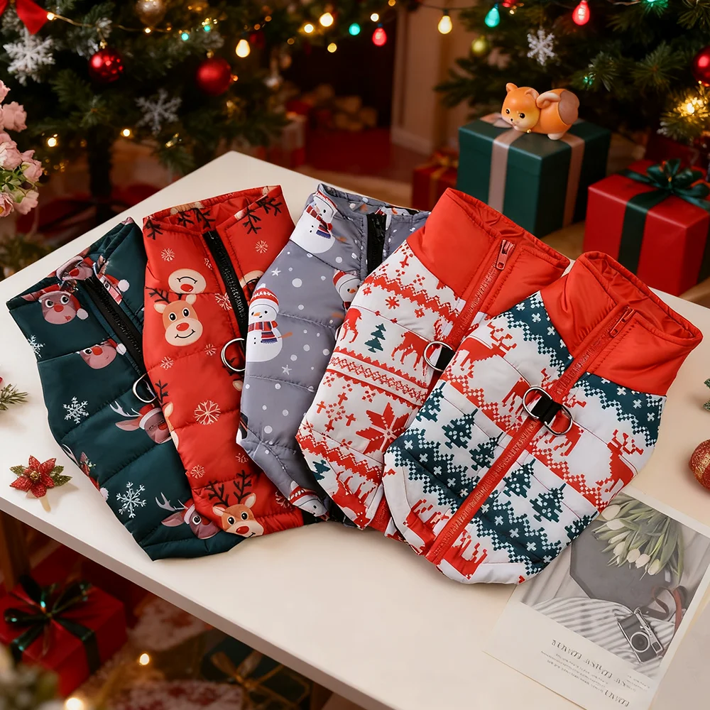 Disfraz de perro de Navidad para fiesta de invierno, chaqueta para mascotas para perros pequeños y medianos, trajes para perros con estampado de muñeco de nieve de Año Nuevo con anillo en D