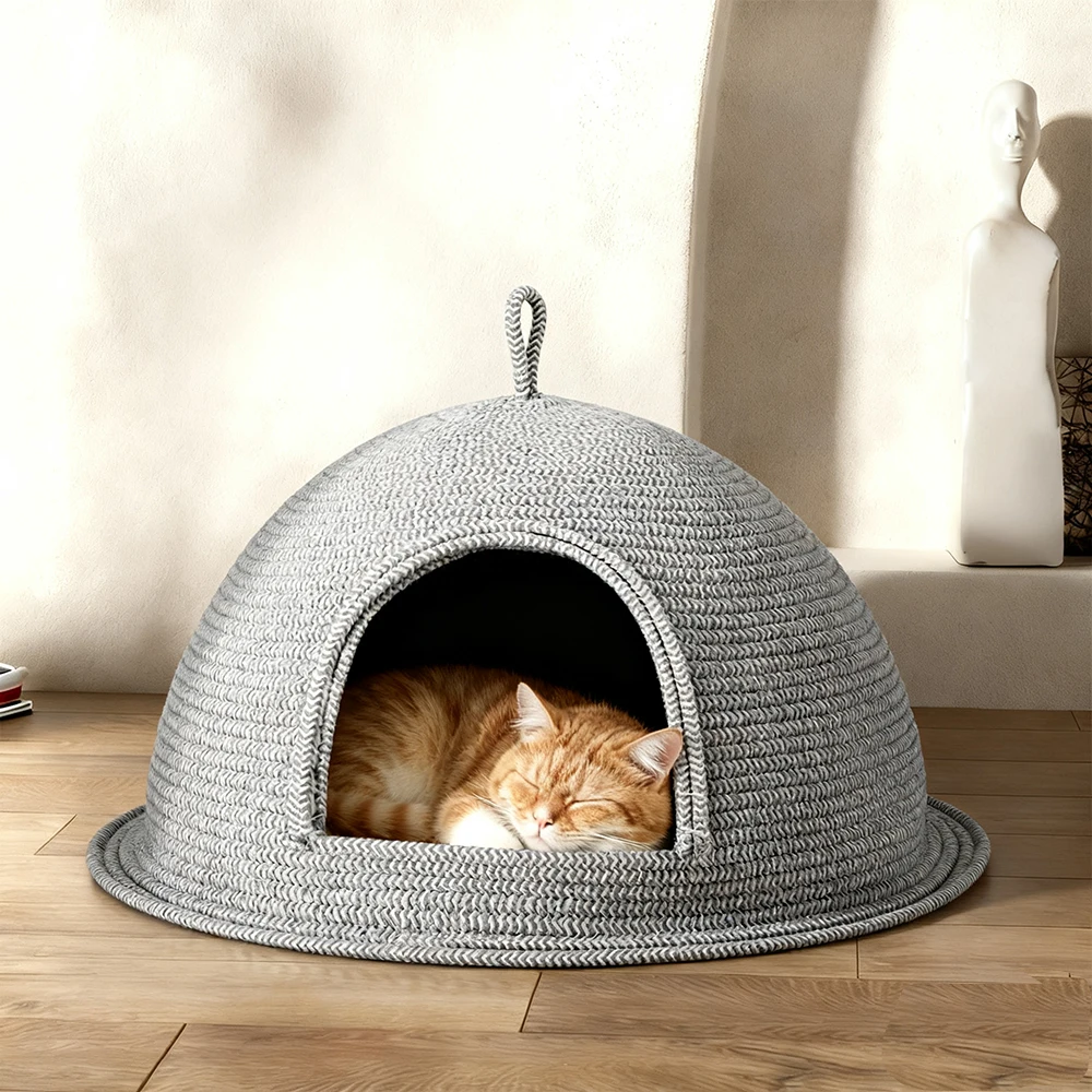 Rascador de cama para gatos, tejido de lino y algodón, nido para gatos, gatitos, cachorros, cama para dormir segura y cálida semicerrada con asa