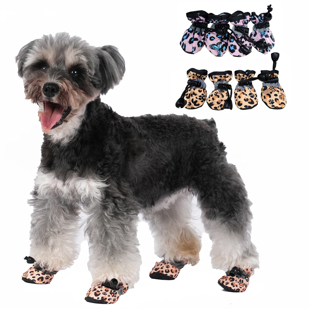 4 Uds zapatos para perros pequeños gatos reflectantes antideslizantes suaves ajustables estampado de leopardo Chihuahua Dachshund zapatillas de deporte para cachorros al aire libre