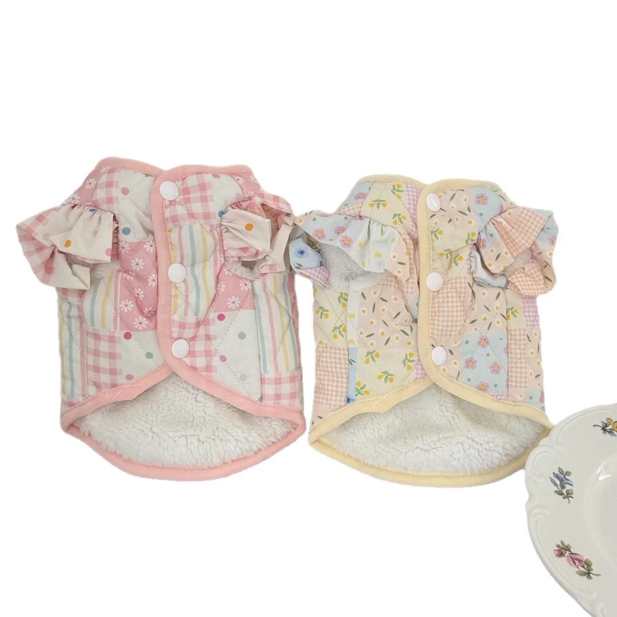 Abrigo a cuadros Floral rosa para mascotas, chaleco cálido grueso, abrigo de peluche para perros pequeños, ropa para perros pequeños, ropa para cachorros, otoño e invierno - imagen 5