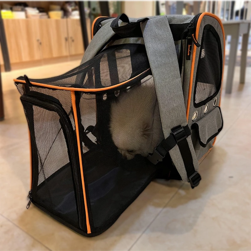 Bolsa para gatos de gran espacio, mochila transpirable de expansión para mascotas, barra de amarre para perros y gatos, bolsa portátil expandible para mascotas con doble hombro