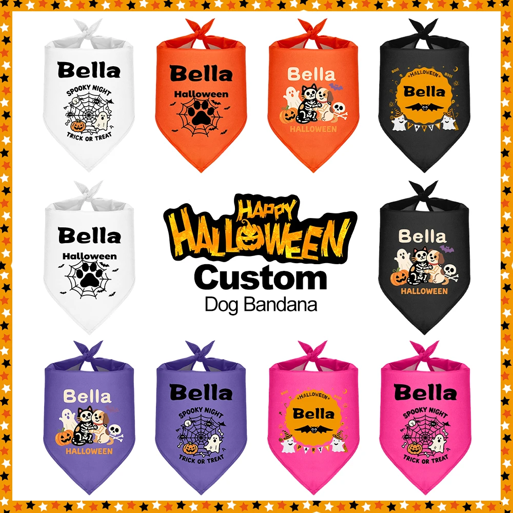 Collar Bandana para perro de Halloween, pañuelos personalizados para perros, ropa con estampado gratis, calavera fantasma, calabaza para Halloween, perros pequeños, medianos y grandes