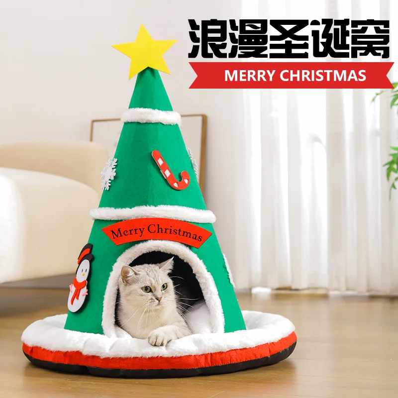 Casa para perros y gatos con forma de sombrero de Navidad, estilo otoño e invierno, tienda nido para mascotas de esponja tridimensional de estilo cálido de Año Nuevo - imagen 2