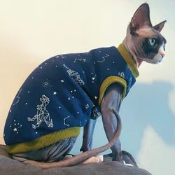 Chaleco algodón para gato Sphynx y Devon Rex diseño dinosaurio azul