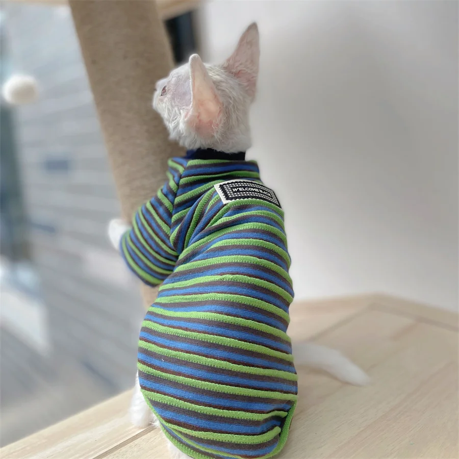 Sphynx CAT Summer Fashion Garment Green STRIPE Cotton Pyjama gatito soft polo camiseta gato macho Devon Rex abrigo