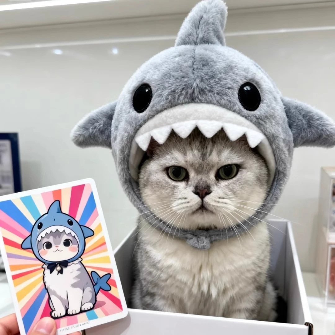 Gorro para mascotas, bonito vestido cruzado, tiburón, lindo gato, fotografía, perro, felpa, sombrero de otoño e invierno, accesorios para cachorros - imagen 3