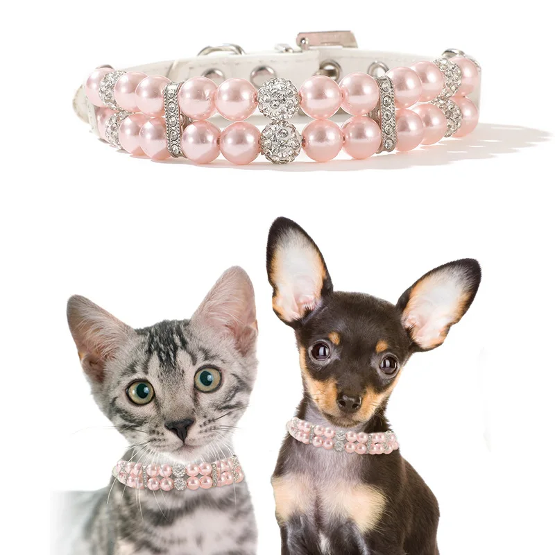 Collares de perlas para gatos, bonitos collares de cuero PU para mascotas, correa con diamantes de imitación de cristal para perros, gatos, cachorros, gatitos, fiesta, boda, cumpleaños - imagen 4