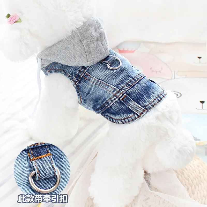 Elegante chaqueta vaquera para perros con anilla en D, acogedora capa con capucha vaquera para primavera/otoño para perros pequeños y medianos, ropa de abrigo para mascotas, ropa para cachorros - imagen 3