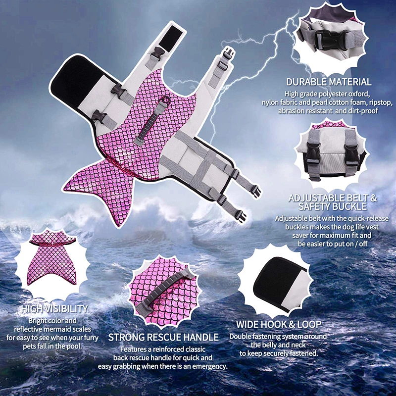 Benepaw-chaleco salvavidas de sirena para perro, ropa de baño ajustable para mascotas, flotación, piscina, playa, cachorro, Asa Ripstop - imagen 2