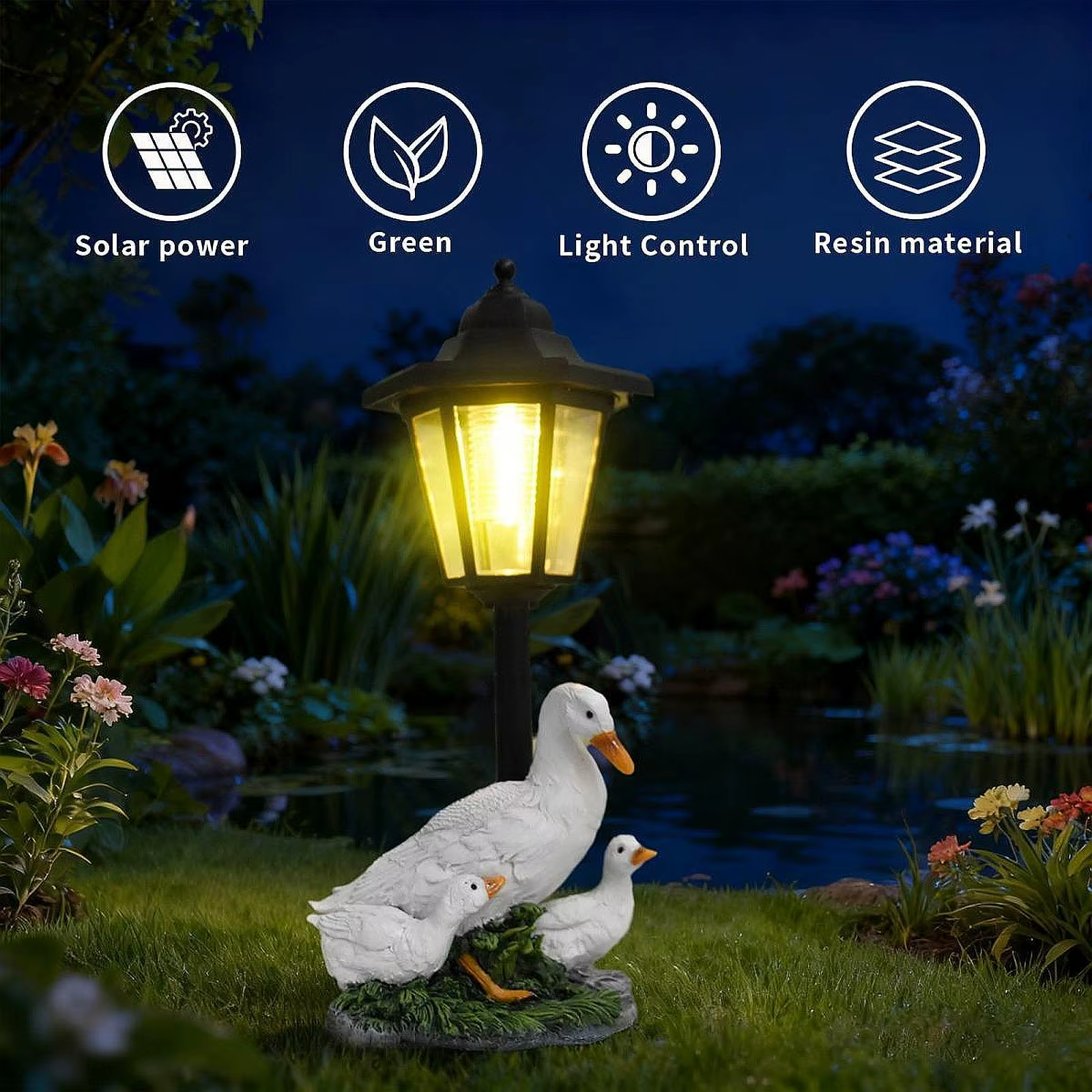 Estatua de pato en resina con luz solar para jardin exterior decorativo - imagen 4