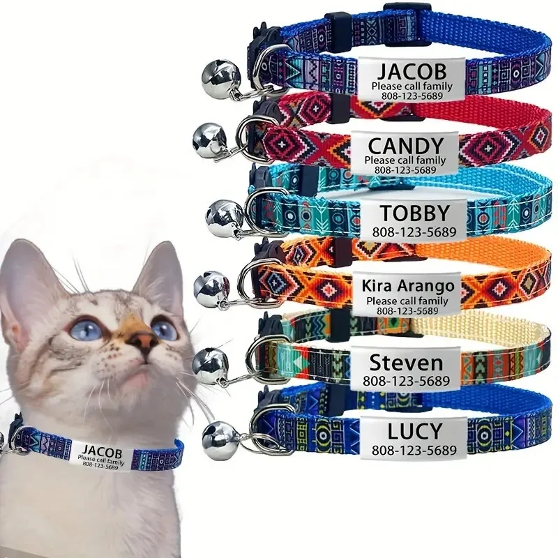 Collar de gato bohemio con etiqueta de identificación personalizada con campana, Collar personalizado de seguridad, grabado ajustable, Collar de gatito pequeño