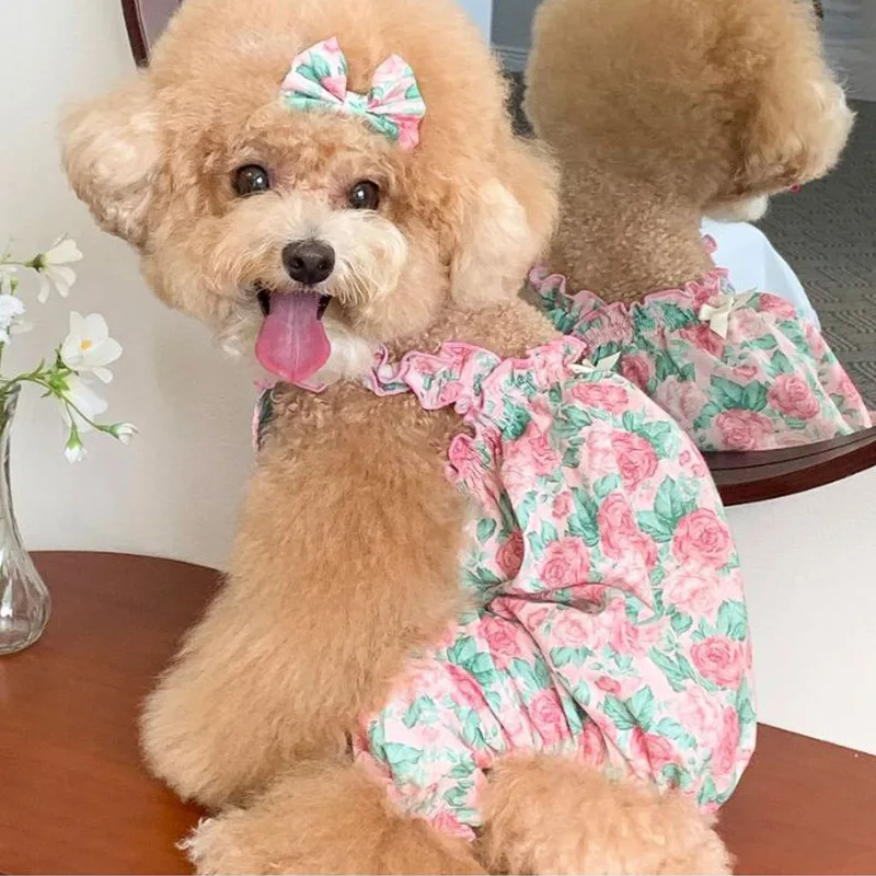 Camisa y falda de verano de encaje floral para perros pequeños: diseño ligero de dos patas con correas ajustables, cachorro con mangas voladoras