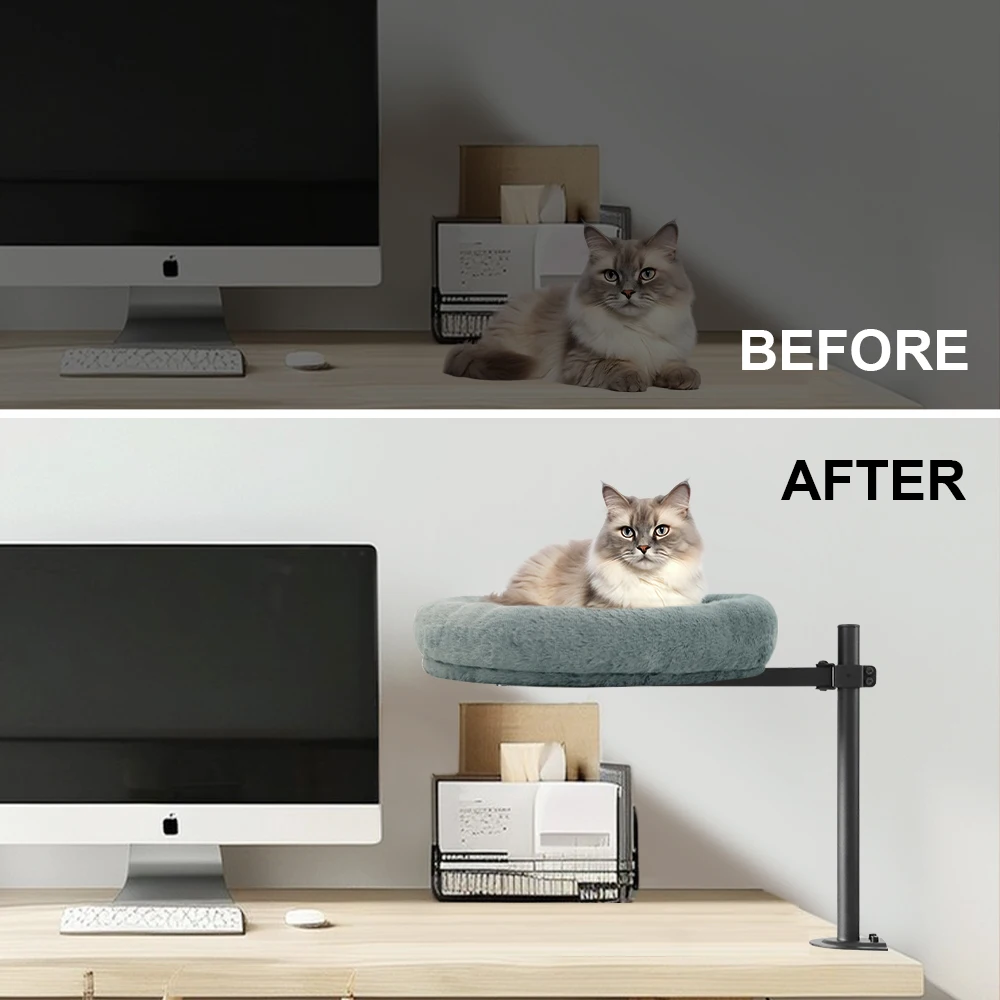 Altura ajustable y 360 °   Hamaca de escritorio giratoria para gatos, nido de felpa, cama flotante montada para gatos, escritorio para descansar y relajar gatos - imagen 3