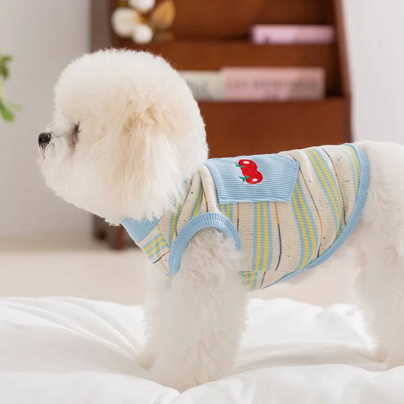 Camiseta sin mangas a rayas con bordado de cereza para mascotas, camiseta sin mangas fina de primavera para mascotas, Top para gato de Teddy York, ropa para cachorros, chalecos refrescantes - imagen 3
