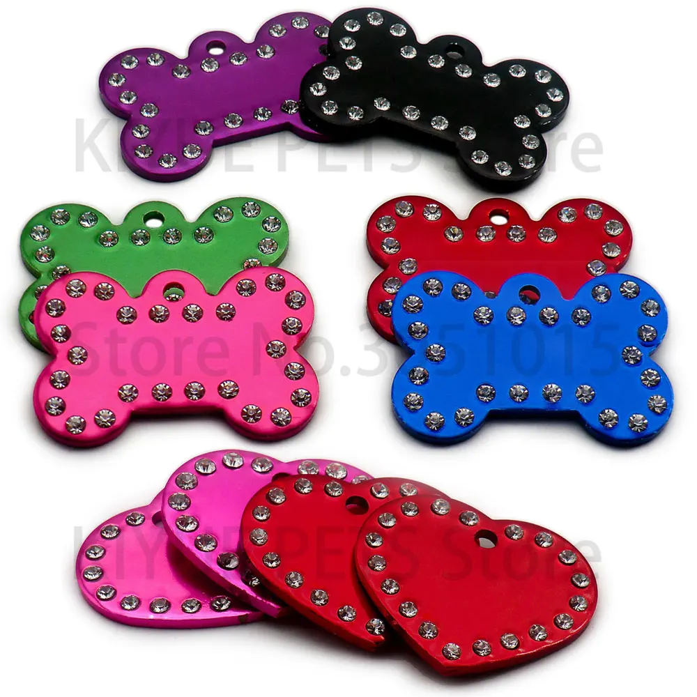 20 piezas llavero con colgante de corazón de hueso anodizado de aluminio con diamantes de imitación, decoración personalizada para boda, placa con nombre en blanco