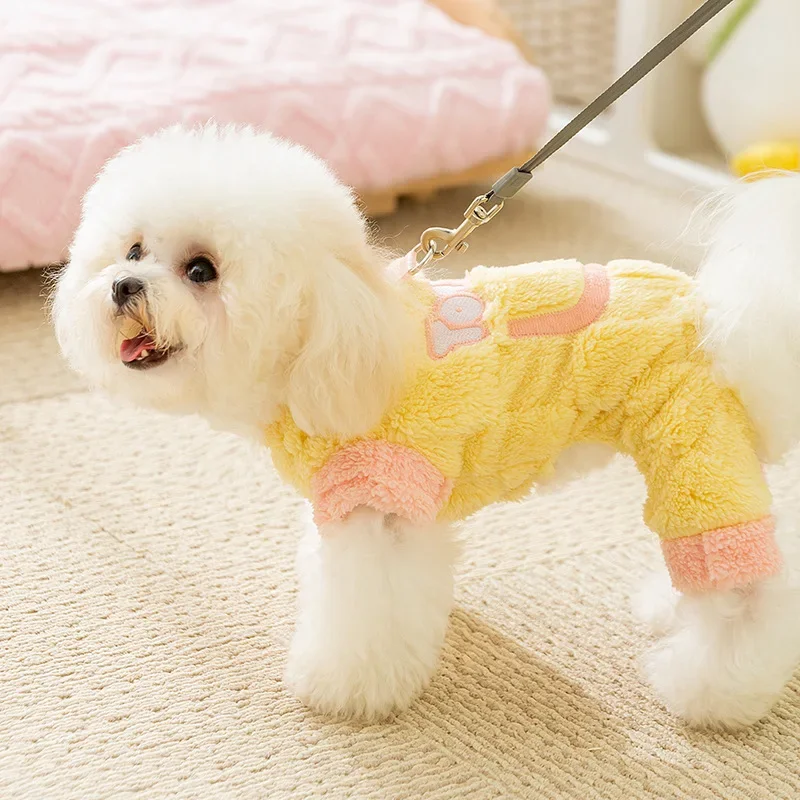 Bonito roupas para cães inverno quente macaron adesivo tracionável roupas de quatro pernas pequeno cão gato animal de estimação velo gato camisola produtos para animais de estimação - imagen 4