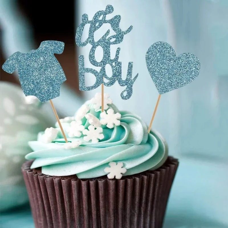 Adornos para cupcakes para niños y niñas, suministros de decoración de fiesta de revelación de género, color rosa y azul, Decoración de Pastel de postre de comida para Baby Shower, 12 piezas - imagen 4