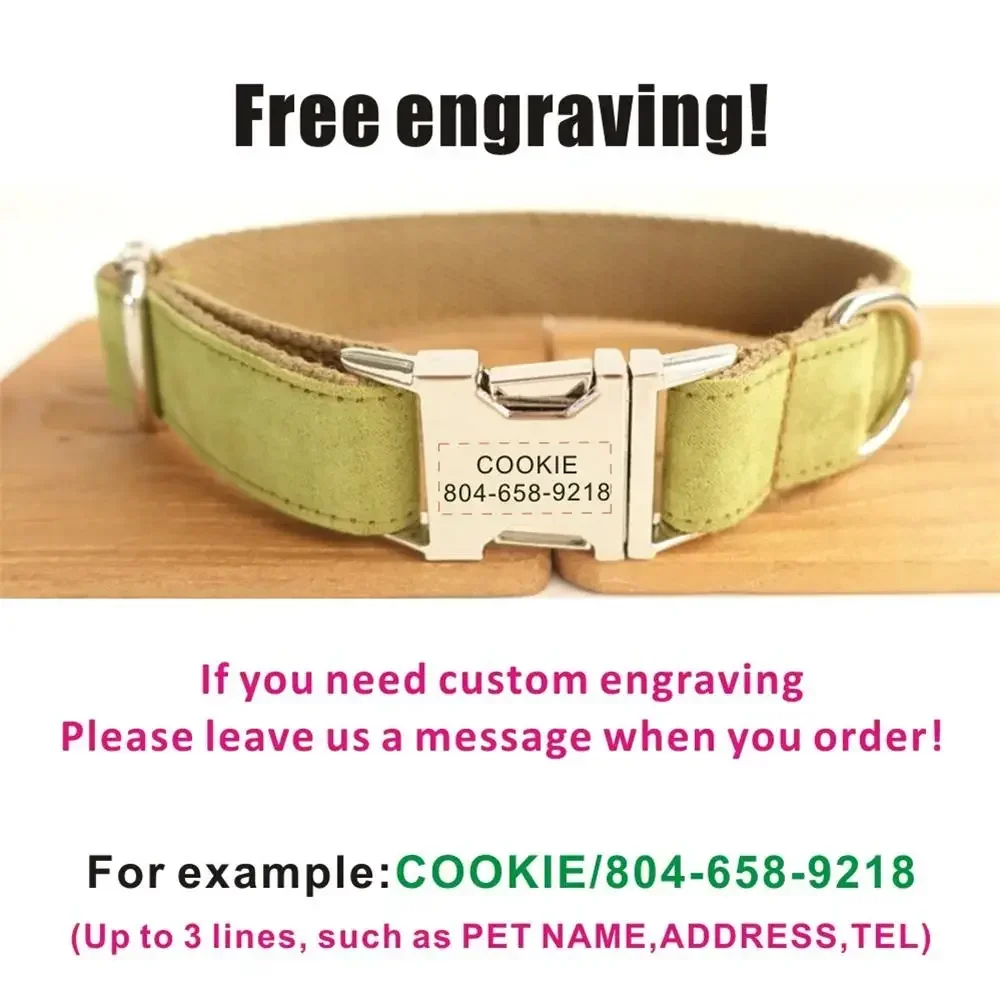 Collar de perro personalizado con grabado gratuito, correa para mascotas a juego, hebilla de Metal de contactos personalizados, Collar para mascotas de terciopelo verde y marrón - imagen 4