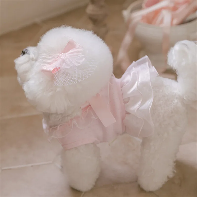 Vestido de princesa con volantes y lazo de malla tejido para mascotas, diadema con lazo, vestidos para perros pequeños, ropa para cachorros, primavera - imagen 3